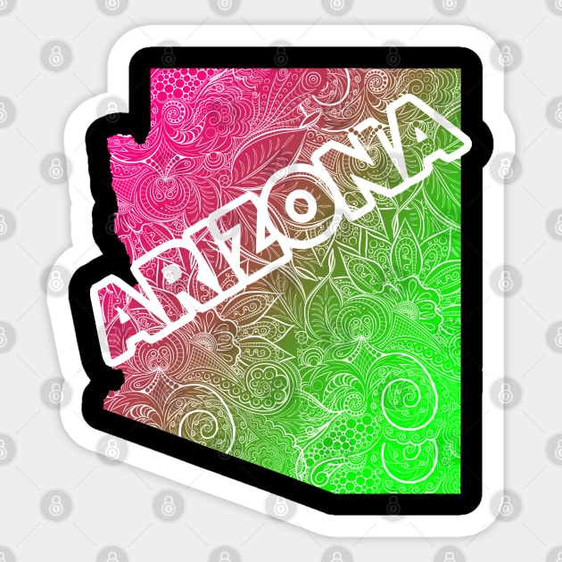 Colorful mandala art map of Arizona with text in pink and green Sticker by Happy Citizen